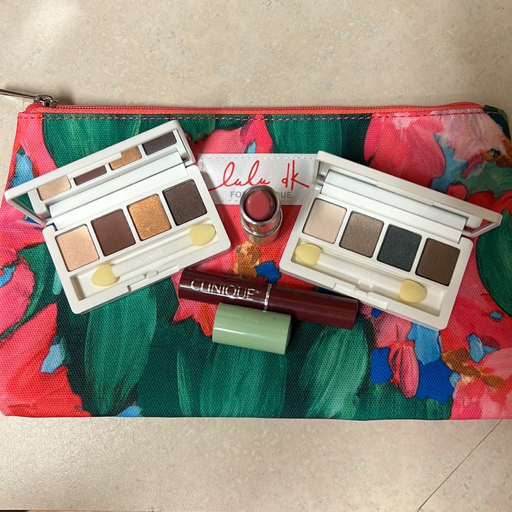 Clinique double eye shadow palette with lipstick and gloss.